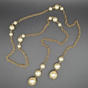Vintage Gold Tone Faux Pearl Lariat Necklace‎ Wire Caged Graduated Pearl Drop